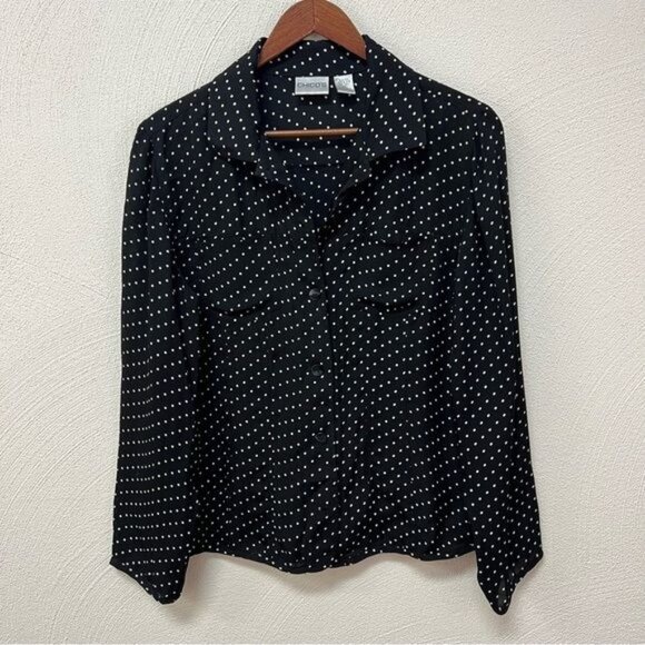 Chico’s 100% Silk Black & White Polka Dot Print Button Up Blouse Chicos Sz 1 - Picture 1 of 6